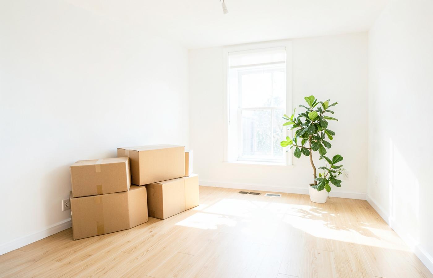 Bright apartment with moving boxes